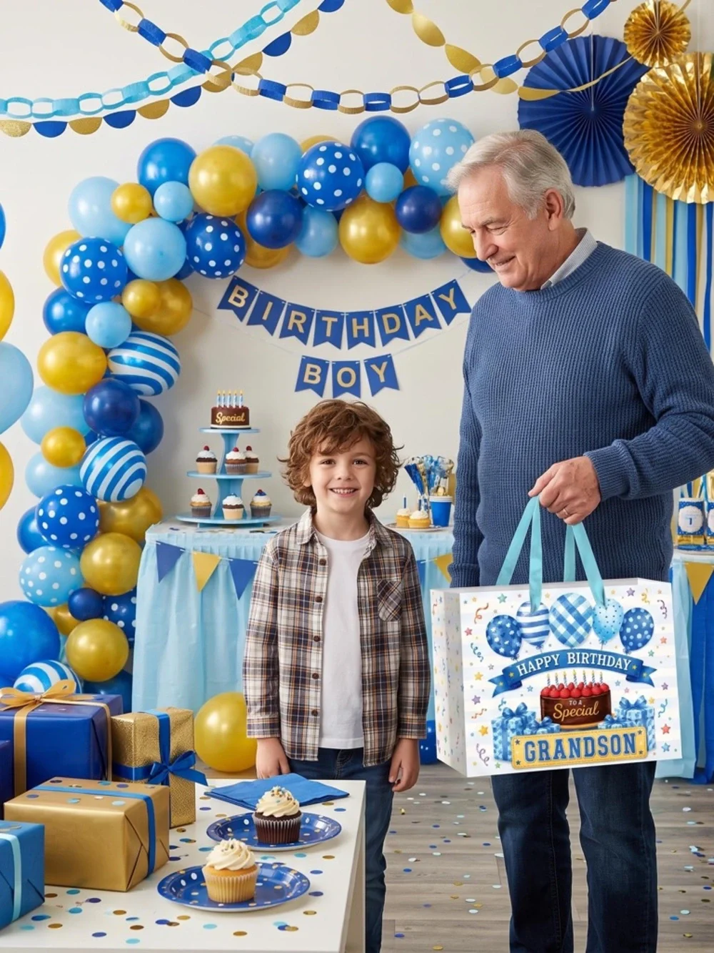 Happy Birthday Grandson Gift Bag with Blue Tissue Paper